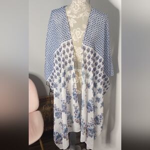 Blue and White Metallic Thread Kimono Style Cover Up